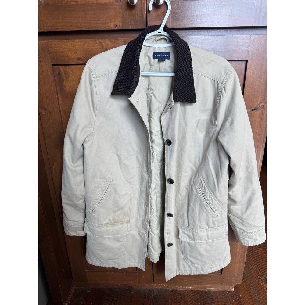 Lands’ End Barn Chore Coat Size L Khaki Cotton Corduroy Collar Quilted Lining